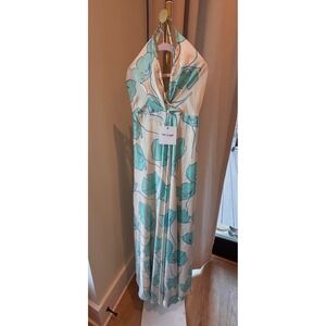 Artigli Collection Italy Floral Halter Maxi Dress Cream Tiffany Blue Size 42